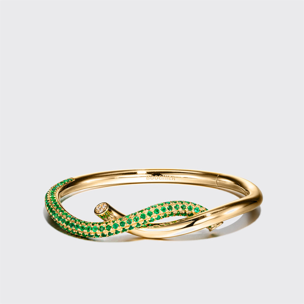 YELLOW GOLD HALF EMERALD TIES BANGLE