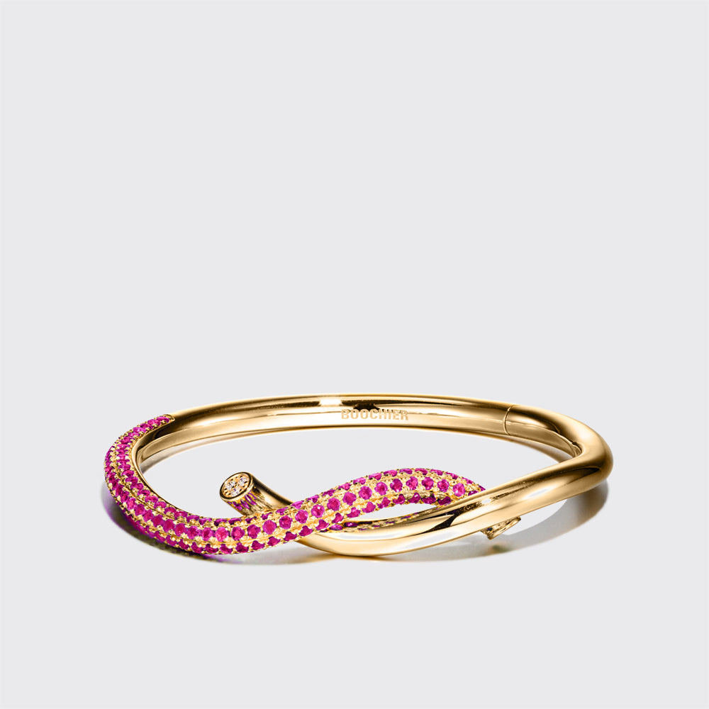 YELLOW GOLD HALF PINK SAPPHIRE TIES BANGLE