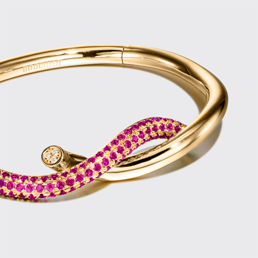 YELLOW GOLD HALF PINK SAPPHIRE TIES BANGLE