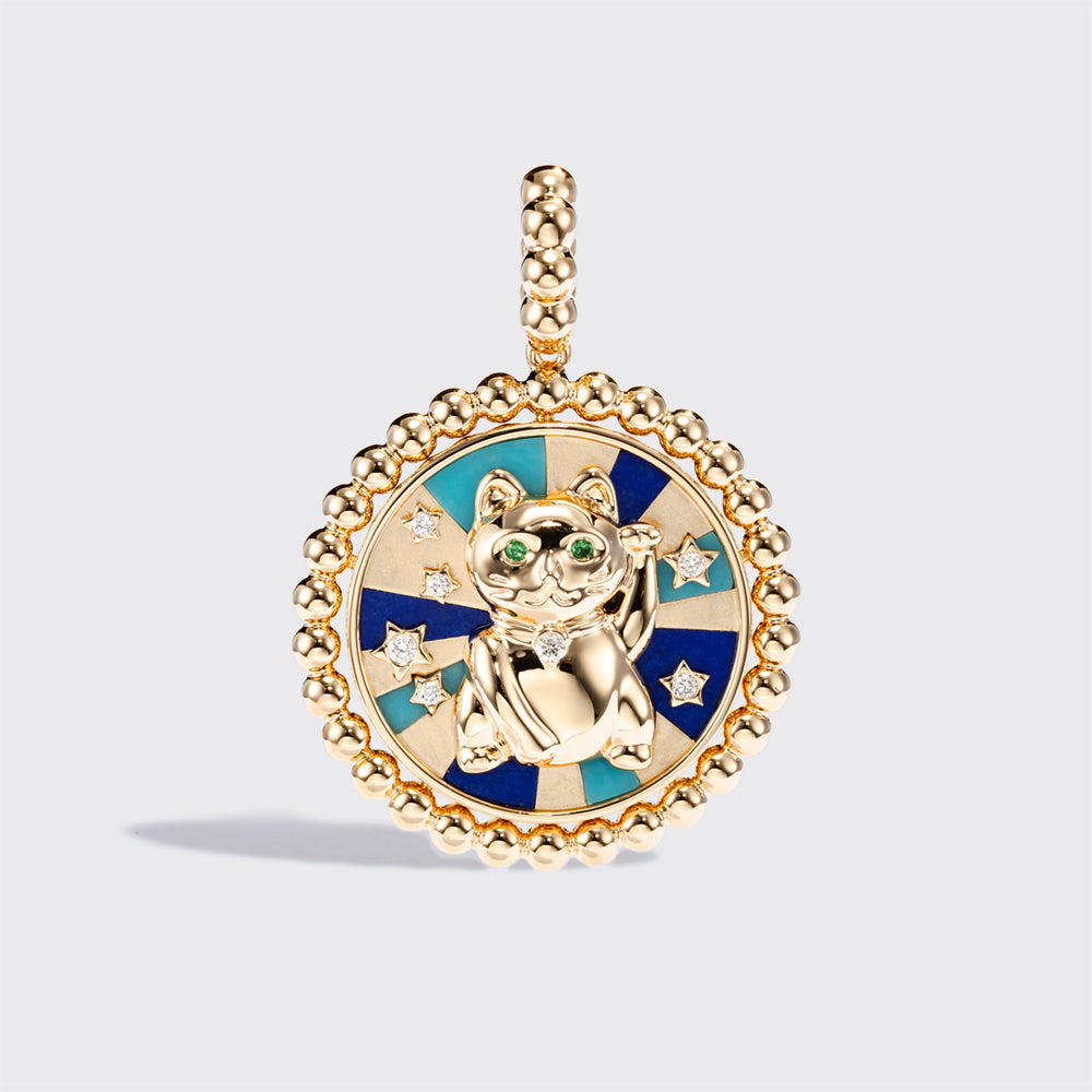TURQUOISE & LAPIS YELLOW GOLD LUCKY CAT CHARM