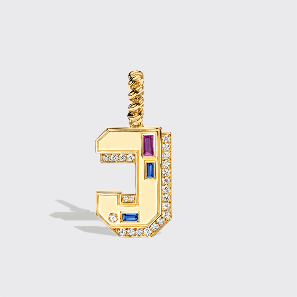 JUMBO YELLOW GOLD DIAMOND LETTER & NUMBER PENDANT [blue & purple sapphires]