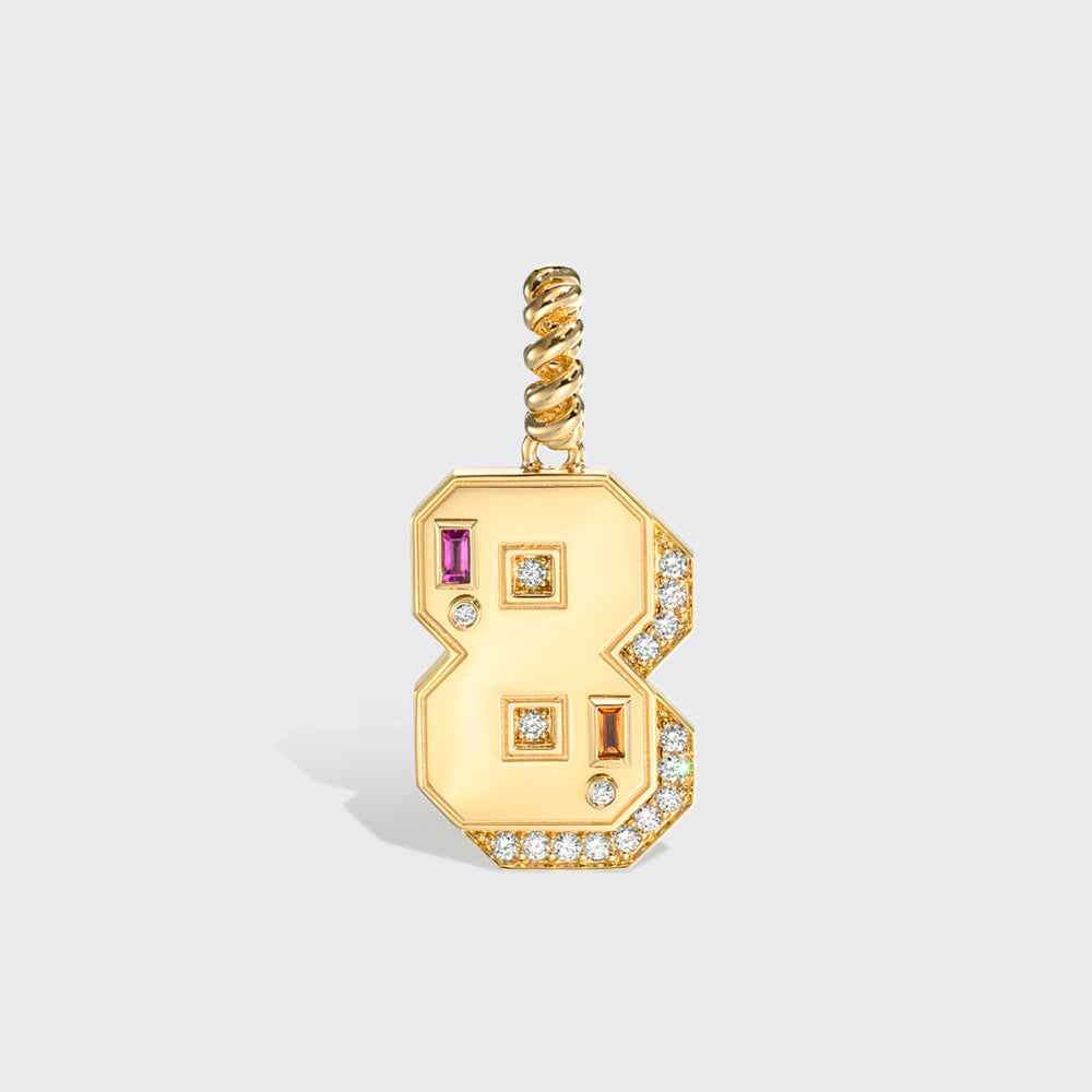 JUMBO YELLOW GOLD DIAMOND LETTER & NUMBER PENDANT [orange & pink sapphires]