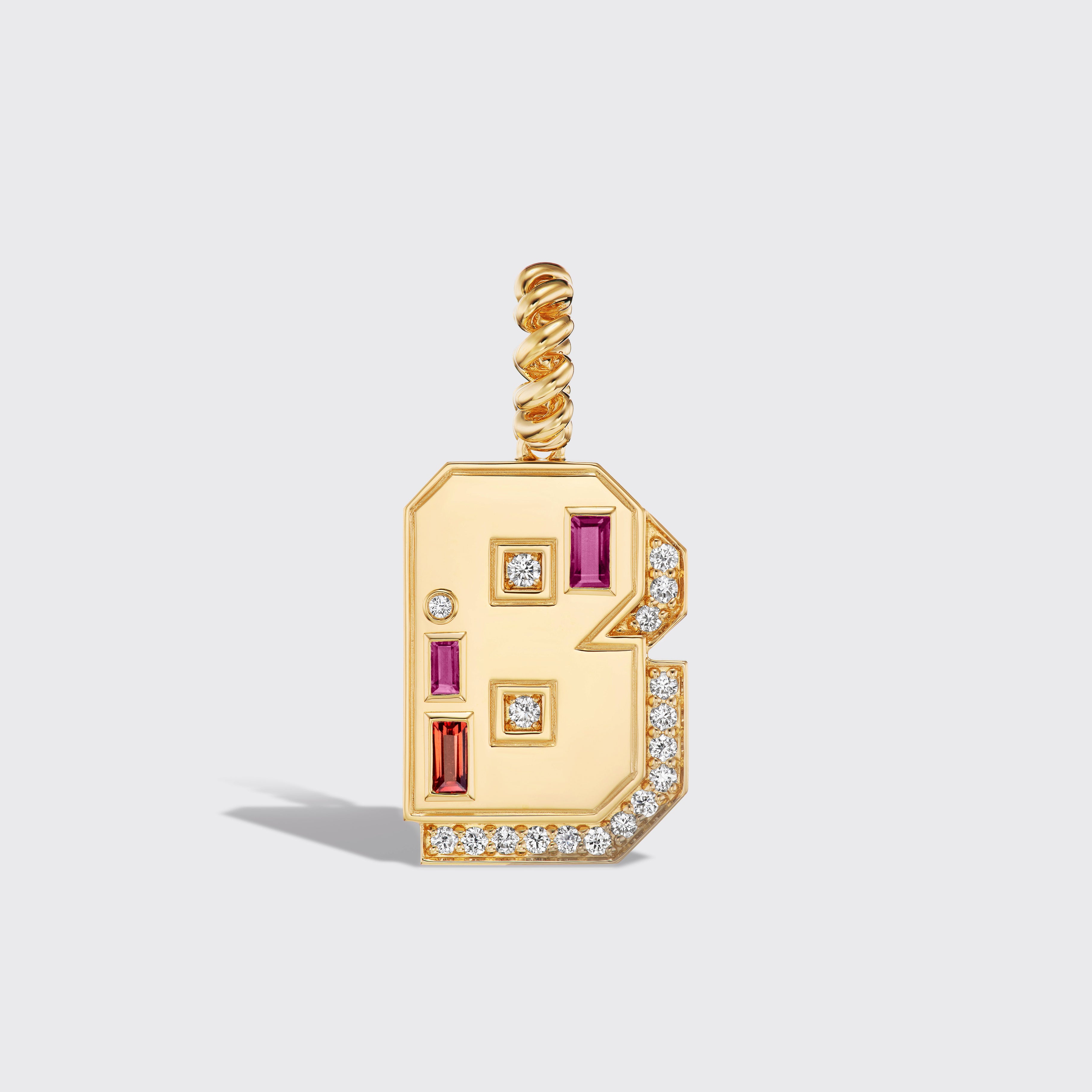 JUMBO YELLOW GOLD DIAMOND LETTER & NUMBER PENDANT [orange & pink sapphires]