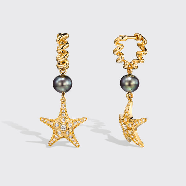 GREY PEARL YELLOW GOLD DIAMOND BEACHING STARFISH DROP HUGGIE EARRINGS