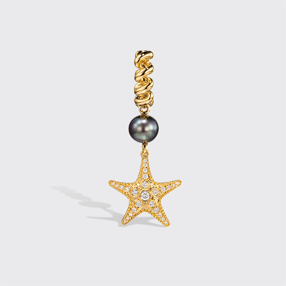 GREY PEARL YELLOW GOLD DIAMOND BEACHING STARFISH DROP HUGGIE EARRINGS