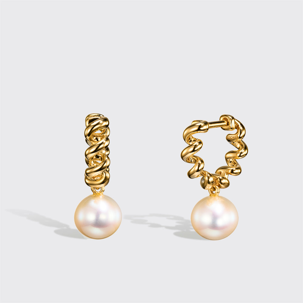 WHITE PEARL YELLOW GOLD BEACHING DROP HUGGIE EARRINGS