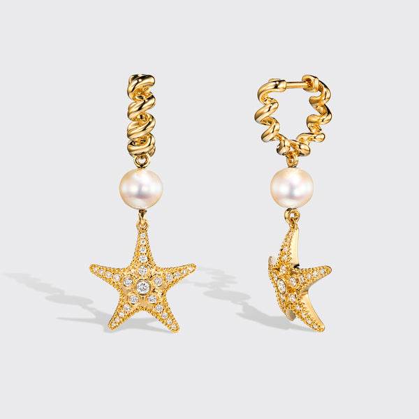 WHITE PEARL YELLOW GOLD DIAMOND BEACHING STARFISH DROP HUGGIE EARRINGS