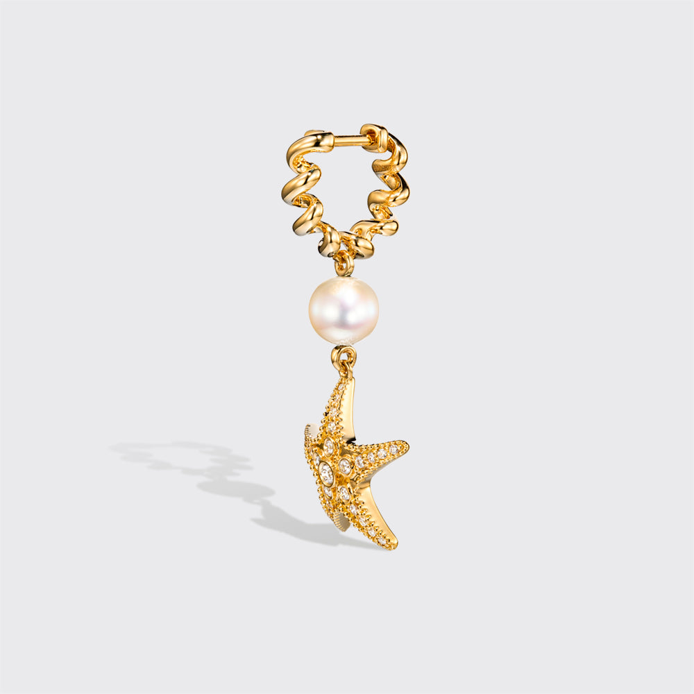 WHITE PEARL YELLOW GOLD DIAMOND BEACHING STARFISH DROP HUGGIE EARRINGS