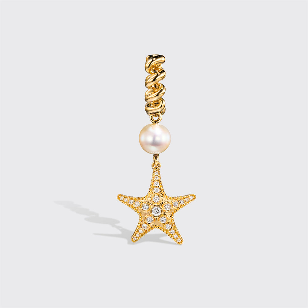 WHITE PEARL YELLOW GOLD DIAMOND BEACHING STARFISH DROP HUGGIE EARRINGS