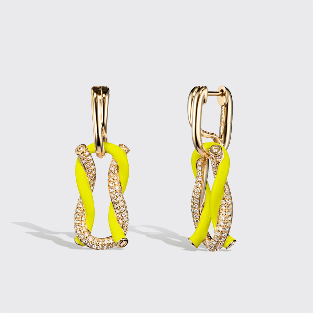 JUMBO NEON YELLOW HALF DIAMOND FRUIT HOOPS BUCKLE EARRINGS