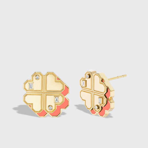 CORAL YELLOW GOLD CLOVER LEAF STUDS