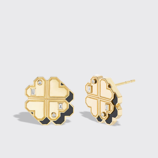 ONYX YELLOW GOLD CLOVER LEAF STUDS