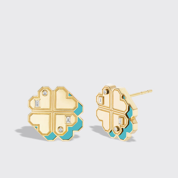 TURQUOISE YELLOW GOLD CLOVER LEAF STUDS