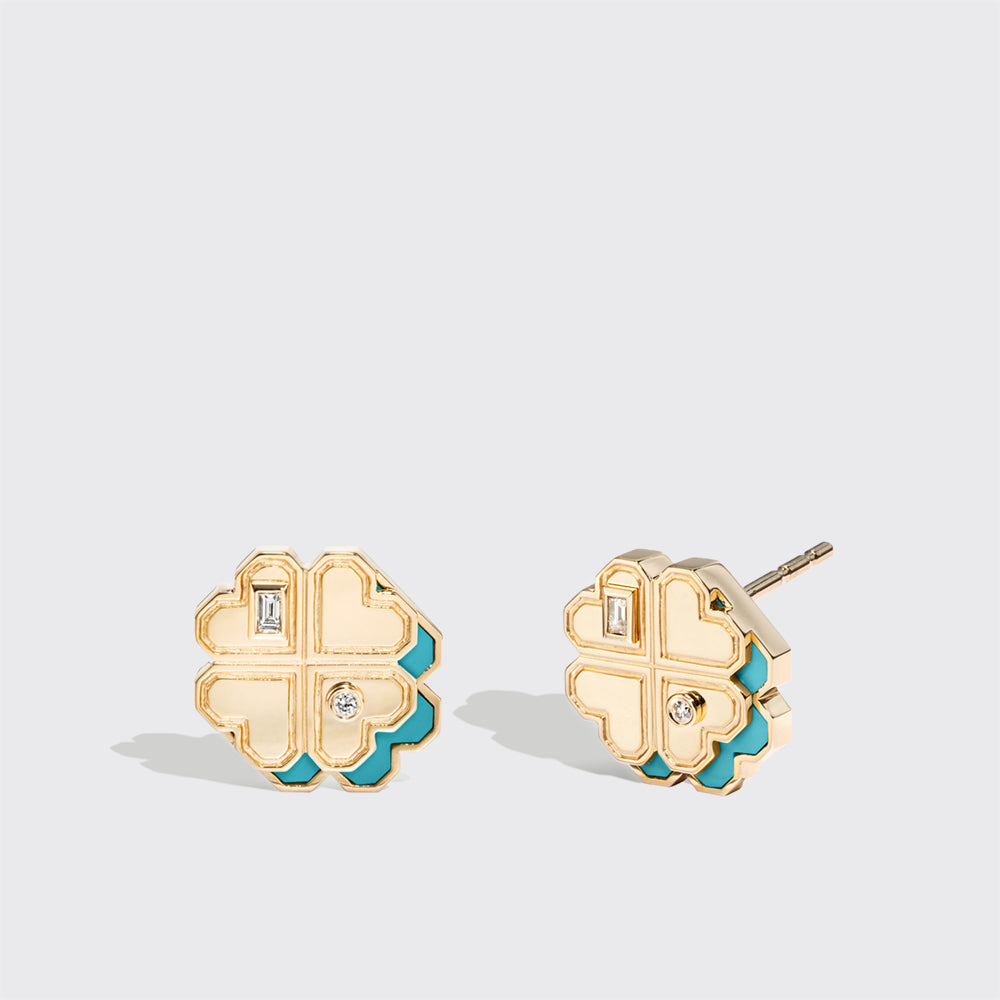 TURQUOISE YELLOW GOLD MINI CLOVER LEAF STUDS