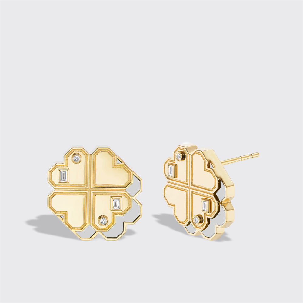 WHITE MOTHER OF PEARL YELLOW GOLD CLOVER LEAF STUDS