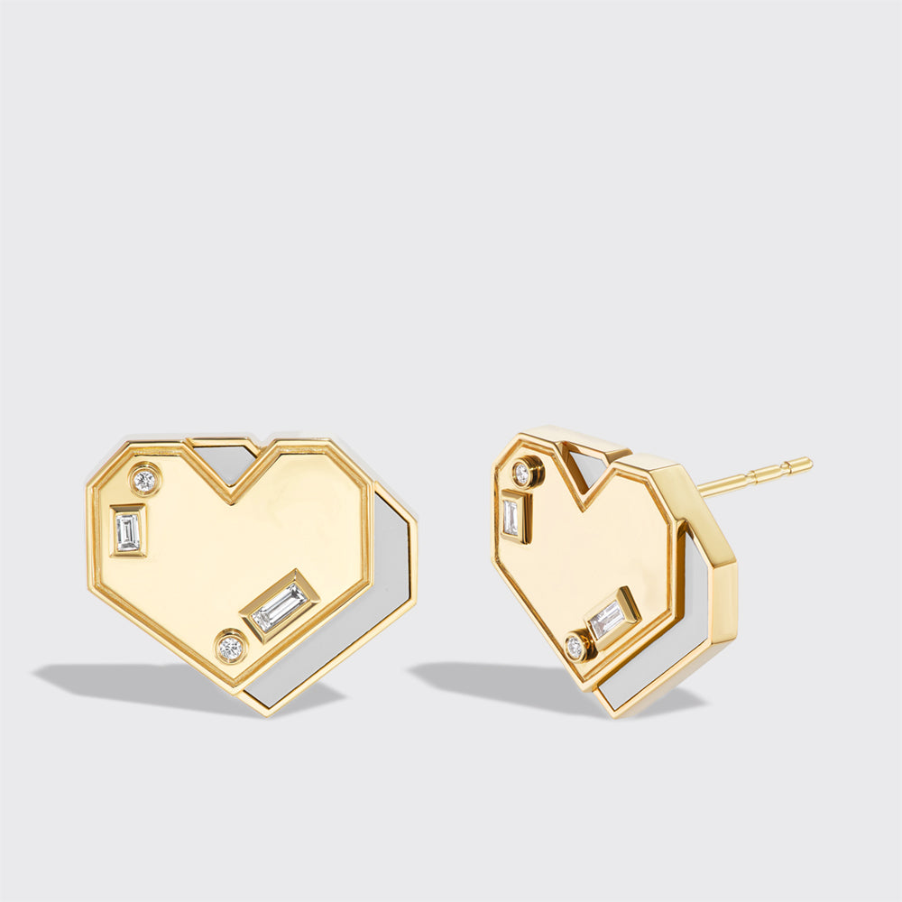 WHITE MOTHER OF PEARL YELLOW GOLD HEART STUDS