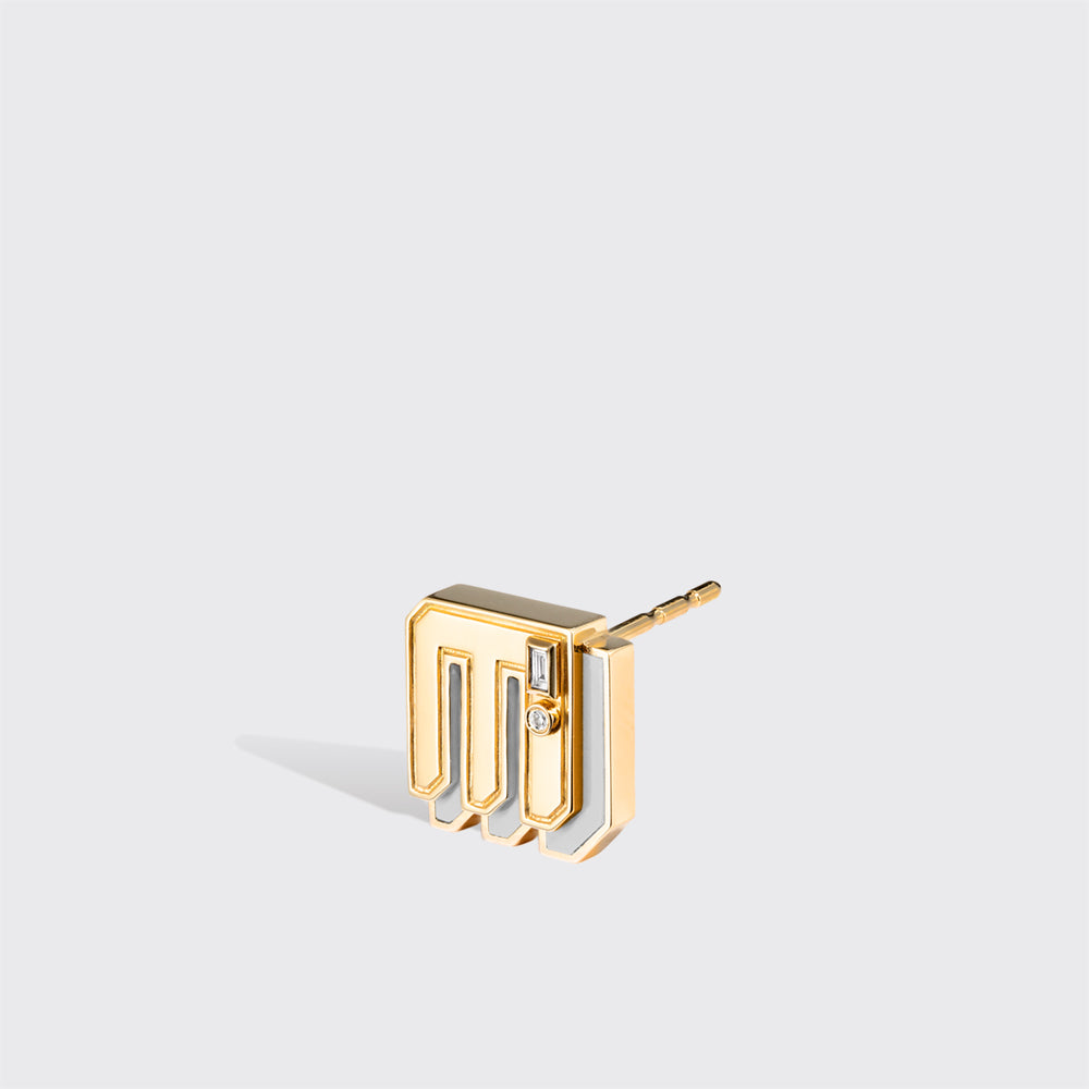 WHITE MOTHER OF PEARL YELLOW GOLD MINI LETTER MONO STUD