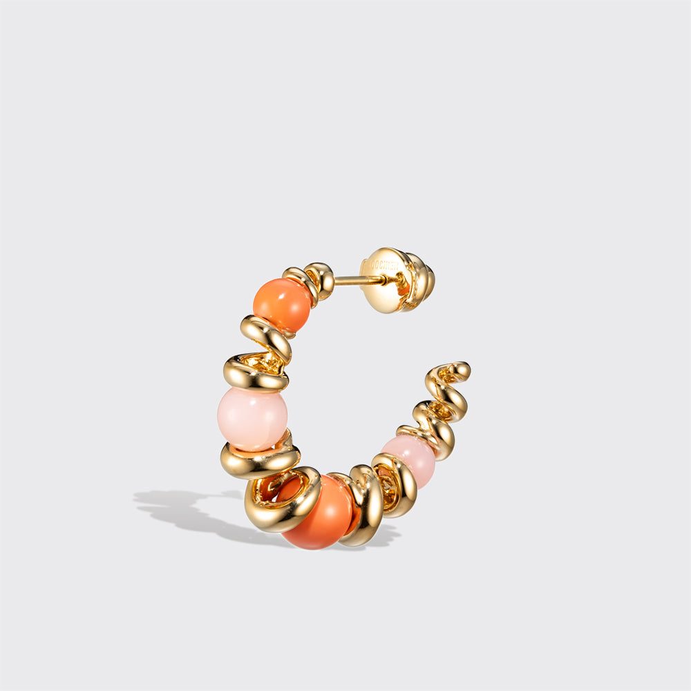 CORAL & PINK OPAL YELLOW GOLD GUMBALL SLINKEE EARRINGS