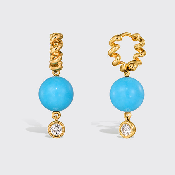 TURQUOISE AND DIAMOND YELLOW GOLD SLINKEE DROP HUGGIE EARRINGS