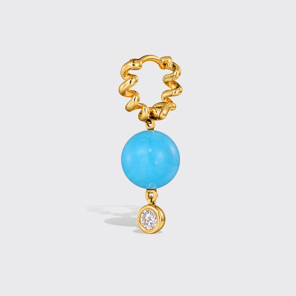 TURQUOISE AND DIAMOND YELLOW GOLD SLINKEE DROP HUGGIE EARRINGS