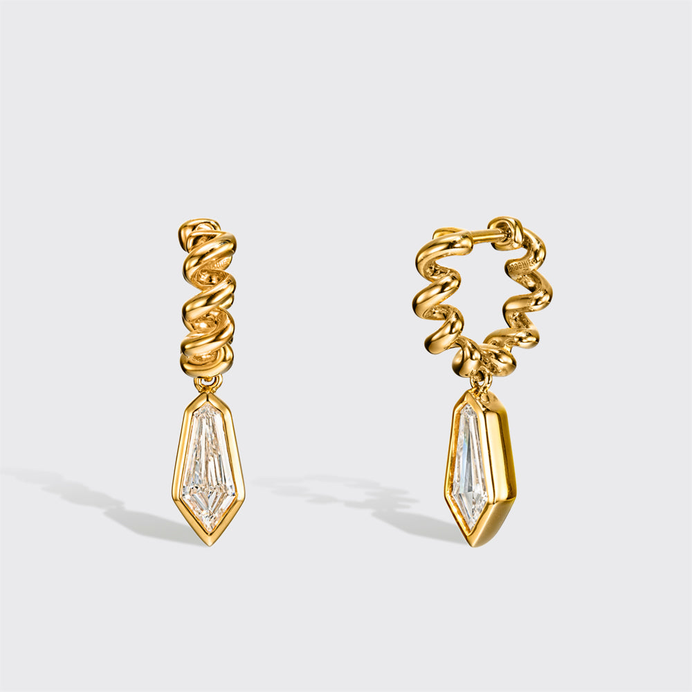 YELLOW GOLD SHIELD DIAMOND SLINKEE DROPS HUGGIE EARRINGS