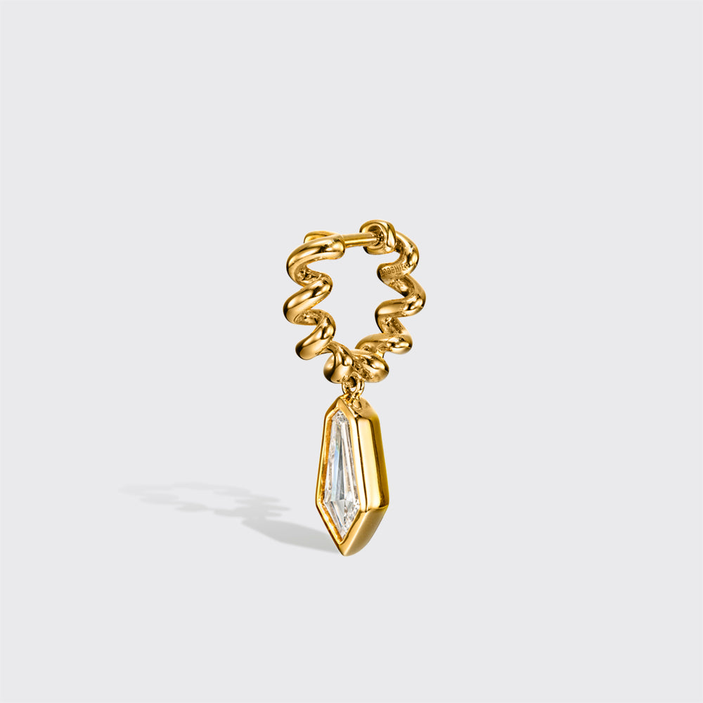 YELLOW GOLD SHIELD DIAMOND SLINKEE DROPS HUGGIE EARRINGS