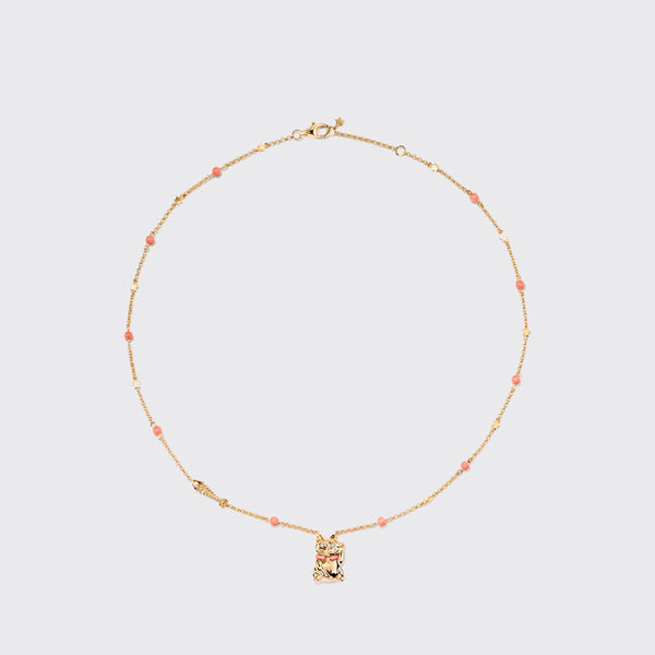 CORAL YELLOW GOLD LUCKY CAT DIAMOND NECKLACE