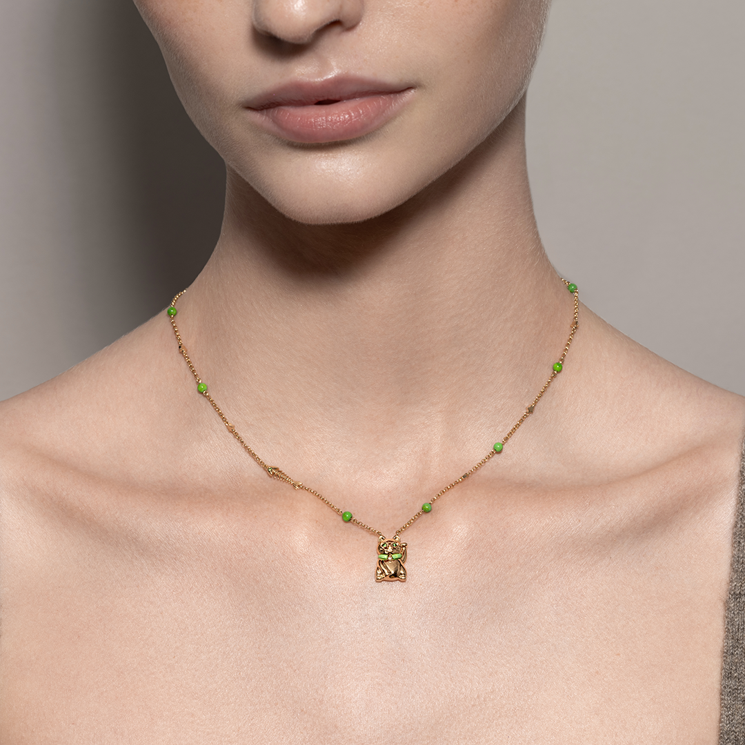 GREEN TURQUOISE YELLOW GOLD LUCKY CAT DIAMOND NECKLACE