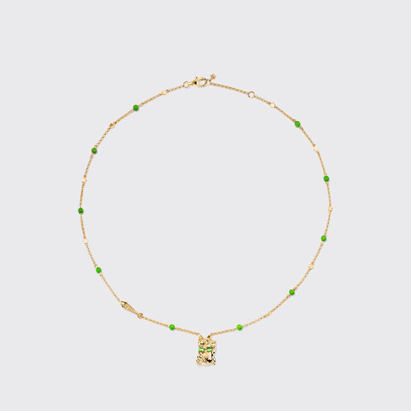 GREEN TURQUOISE YELLOW GOLD LUCKY CAT DIAMOND NECKLACE