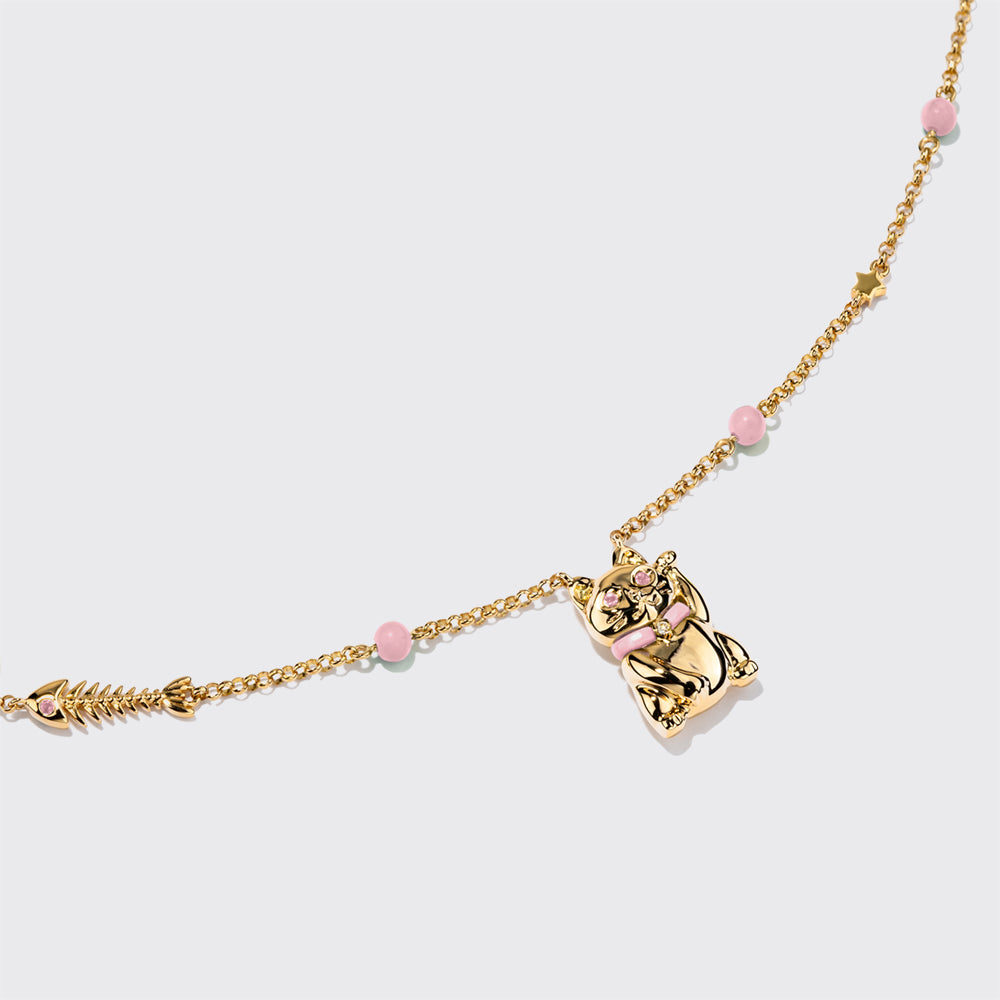 PINK OPAL YELLOW GOLD LUCKY CAT DIAMOND NECKLACE