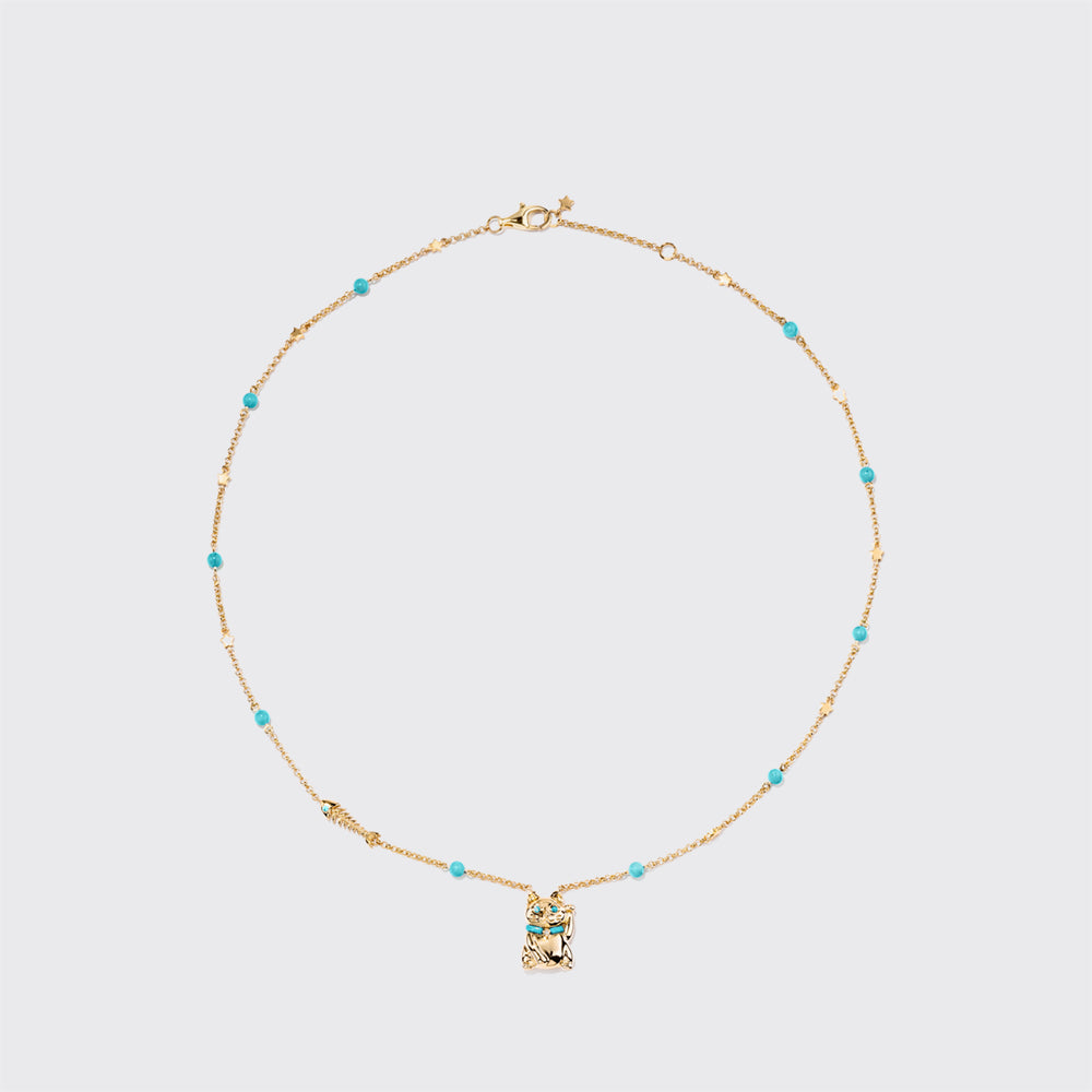 TURQUOISE YELLOW GOLD LUCKY CAT DIAMOND NECKLACE