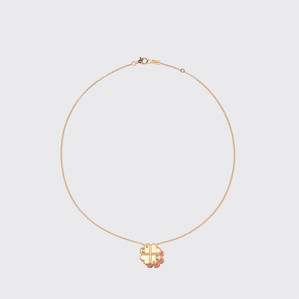 CORAL YELLOW GOLD CLOVER LEAF NECKLACE