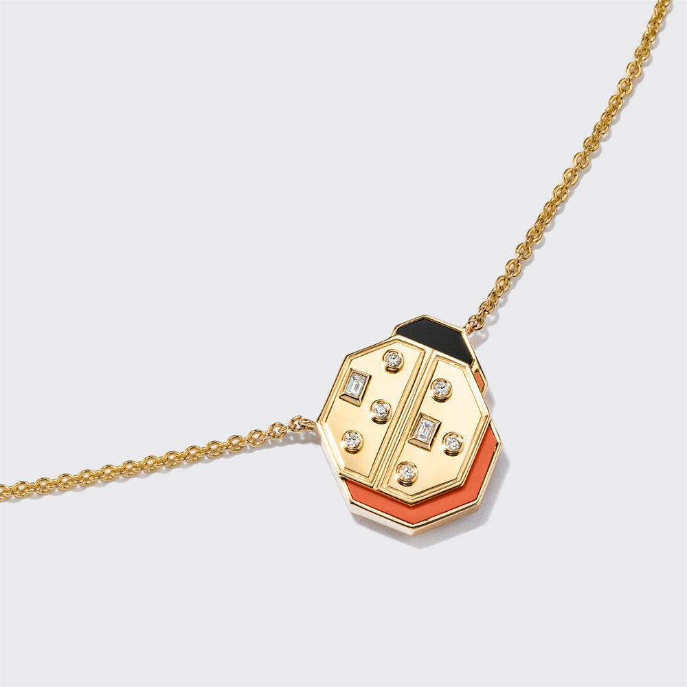 CORAL YELLOW GOLD LADYBUG NECKLACE