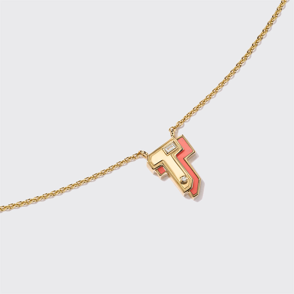 CORAL YELLOW GOLD MINI LETTER NECKLACE