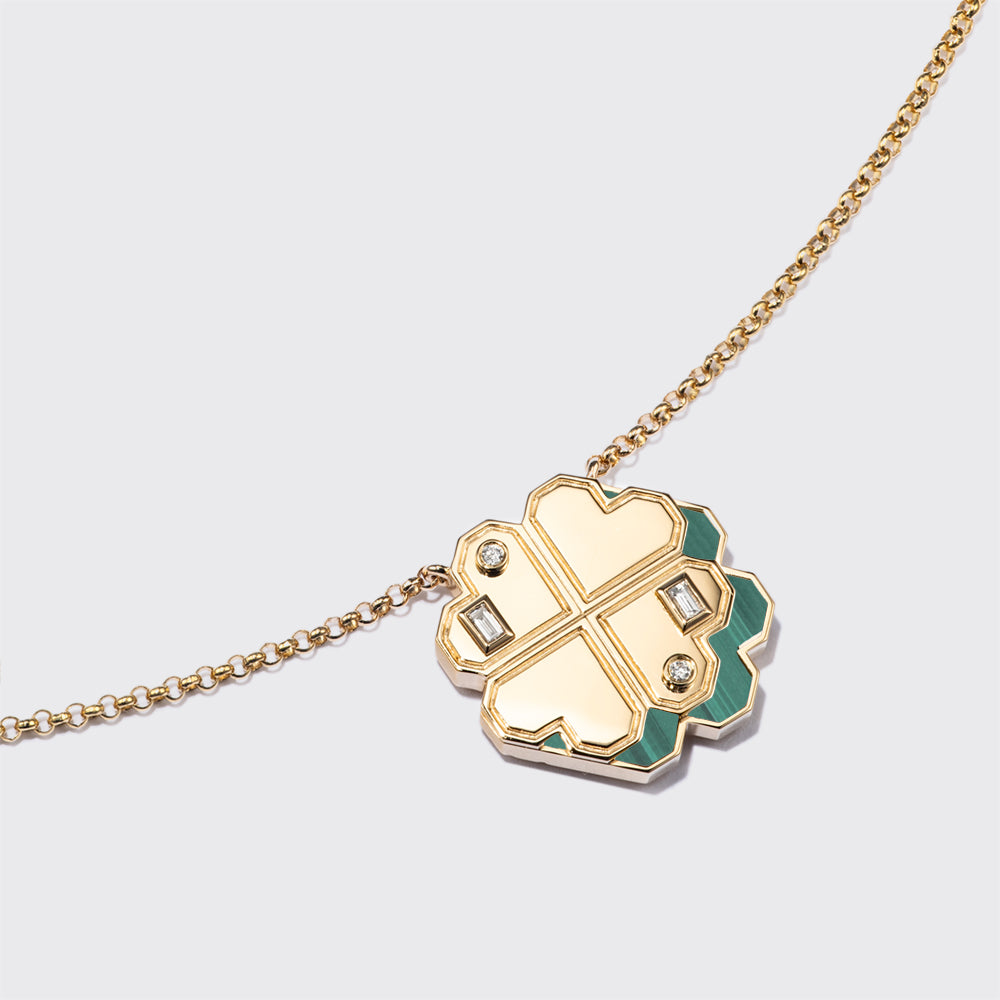 MALACHITE YELLOW GOLD CLOVER LEAF NECKLACE