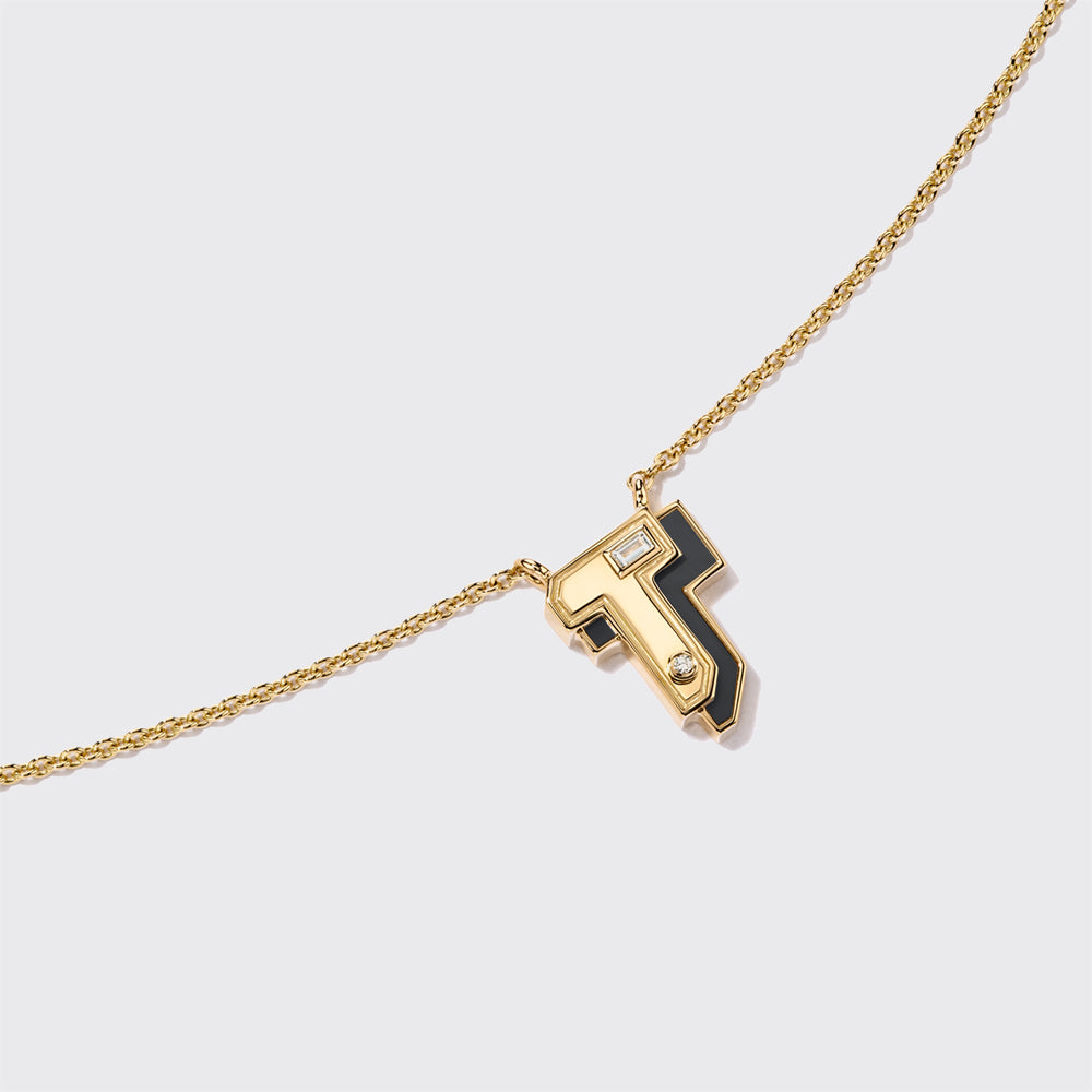 ONYX YELLOW GOLD MINI LETTER NECKLACE