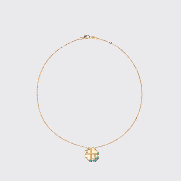 TURQUOISE YELLOW GOLD CLOVER LEAF NECKLACE