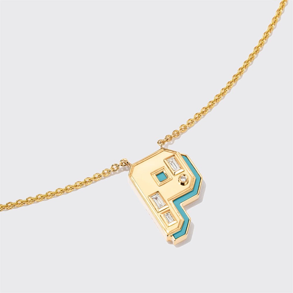 TURQUOISE YELLOW GOLD LETTER NECKLACE