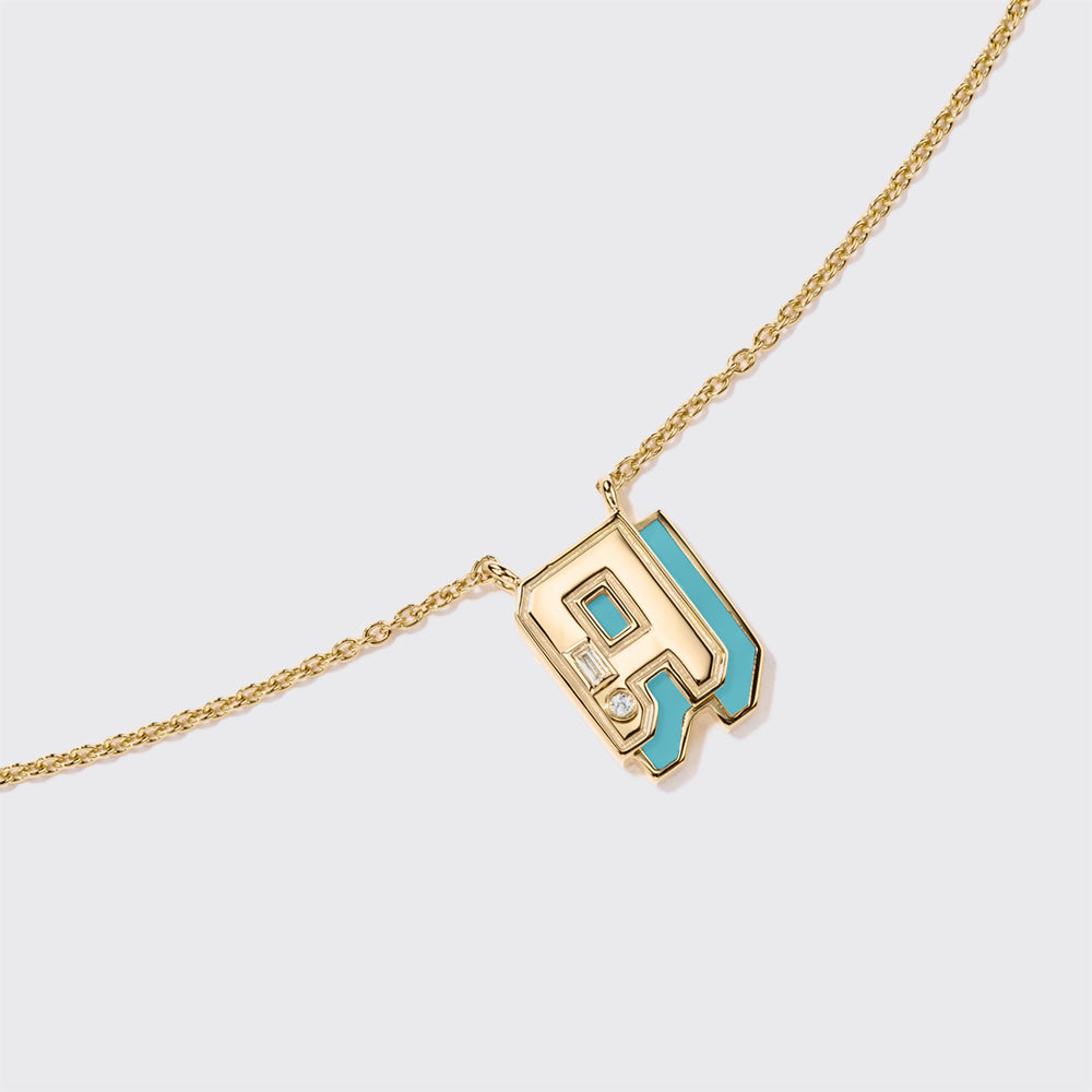 TURQUOISE YELLOW GOLD MINI LETTER NECKLACE