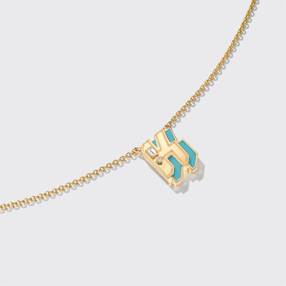 TURQUOISE YELLOW GOLD MINI LETTER NECKLACE