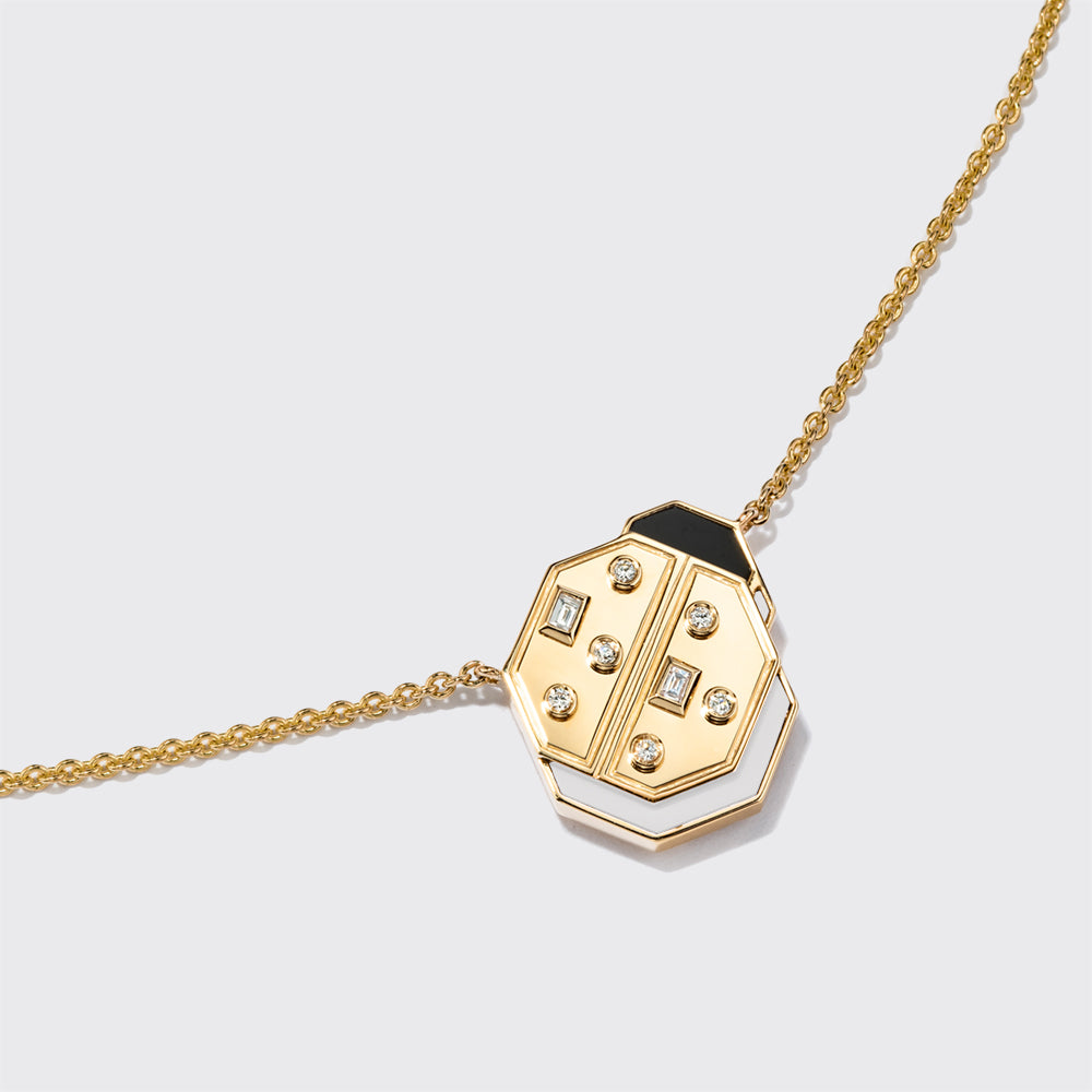 WHITE MOTHER OF PEARL YELLOW GOLD LADYBUG NECKLACE