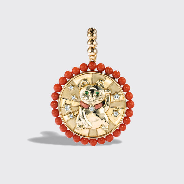 CORAL YELLOW GOLD LUCKY CAT DIAMOND CHARM
