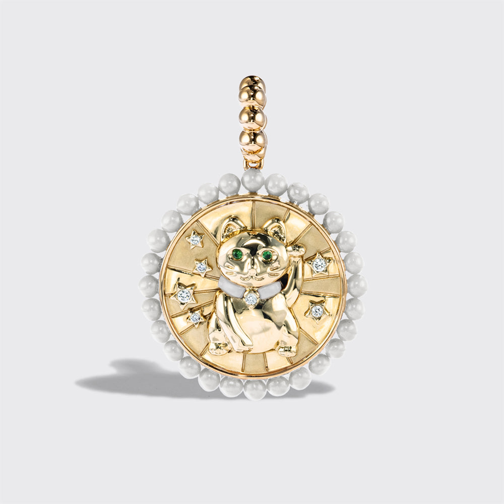 WHITE MOTHER OF PEARL YELLOW GOLD LUCKY CAT DIAMOND CHARM