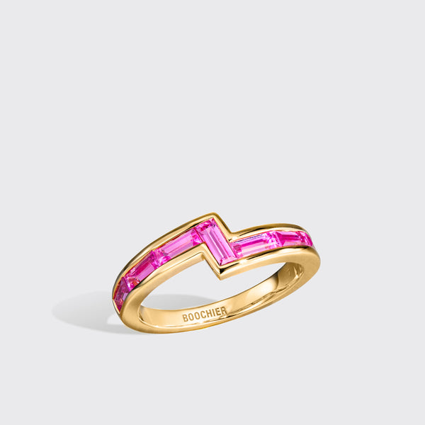 YELLOW GOLD PINK SAPPHIRE ARCADE STACKABLE RING
