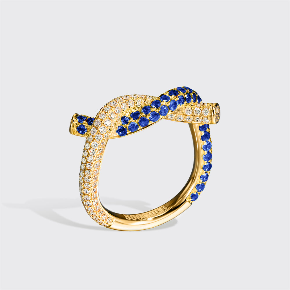 YELLOW GOLD BLUE SAPPHIRE AND DIAMOND TIES RING