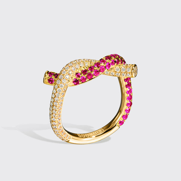 YELLOW GOLD PINK SAPPHIRE AND DIAMOND TIES RING